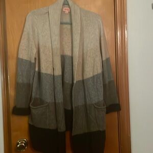 Warm open long striped cardigan withh taupe gray brown and black wide stripes